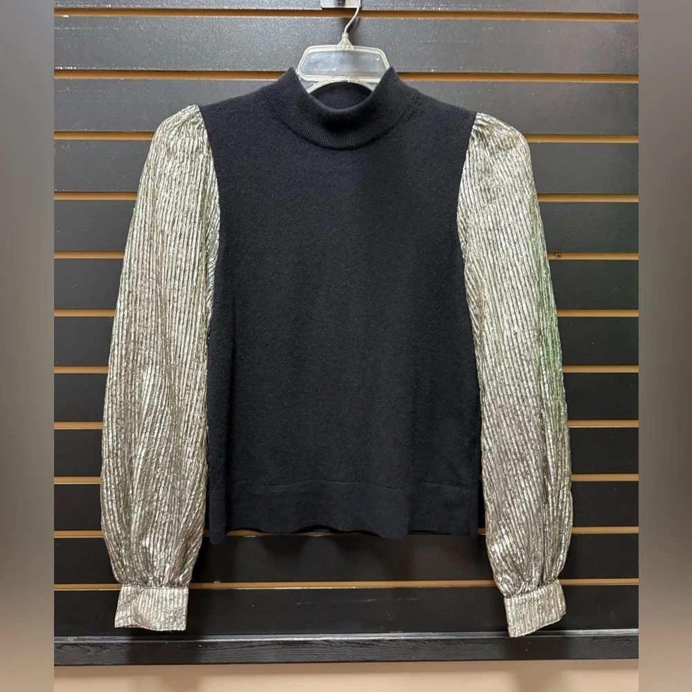 Tory Burch Crinkle Lamé Sleeve Mock Neck Sweater Black Size M